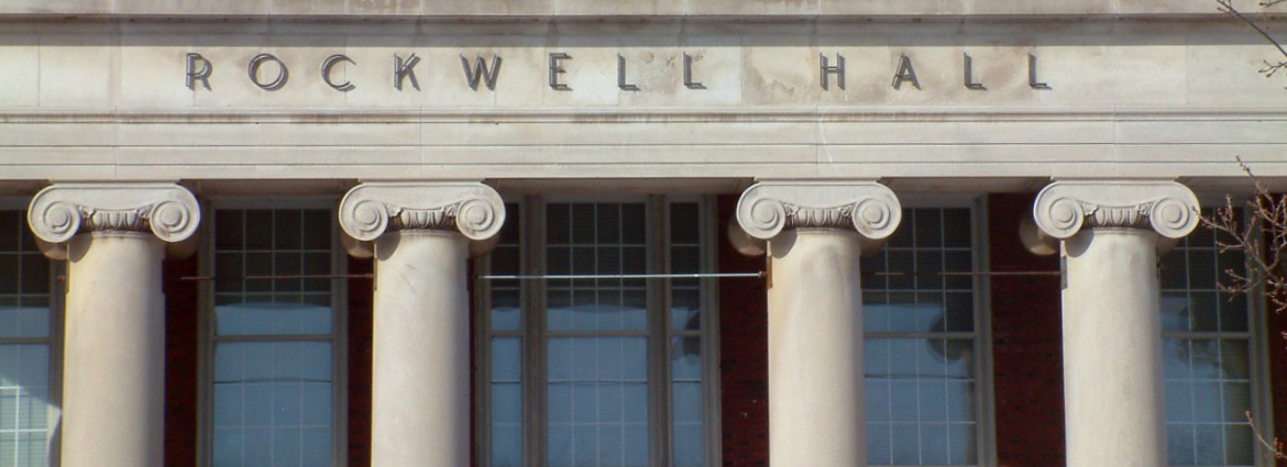 Exterior photo of columns at entrance to Rockwell Hall