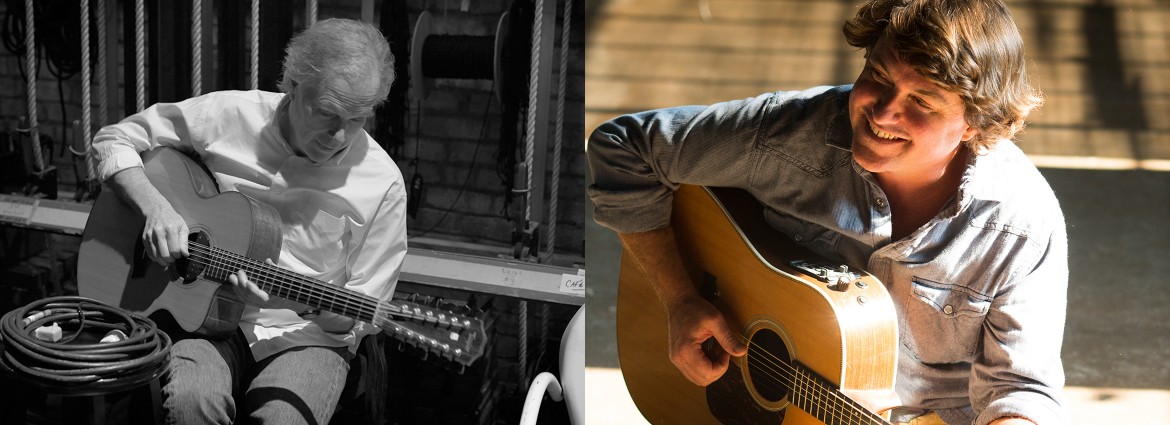 Two men posing with a guitar, one picture is in black and white and the other is in color.